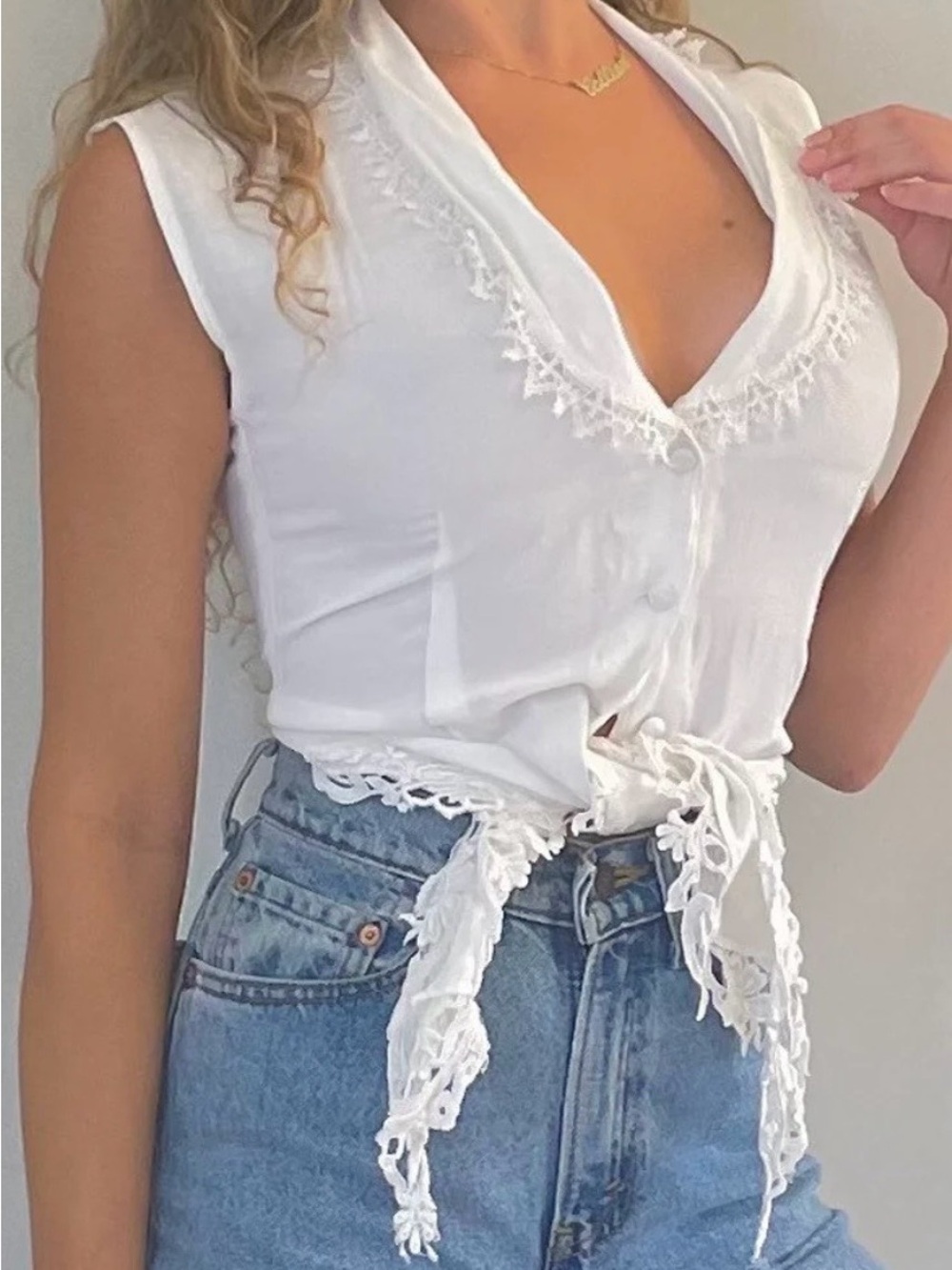 Xoxo VTG Y2K White Sleeveless Top Button Lace Trim Cottage Prairie Coquette sz S - Picture 6 of 15